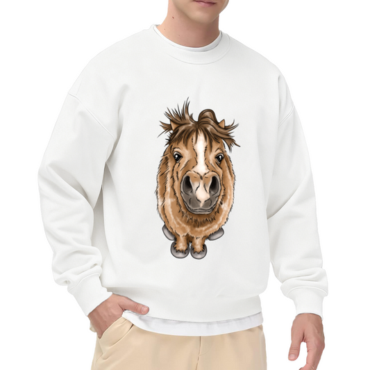 Goofy Big Head Pony Cartoon Crewneck Sweatshirt | Funny Fisheye Mini Horse Graphic Pullover, Horse Lover Gift