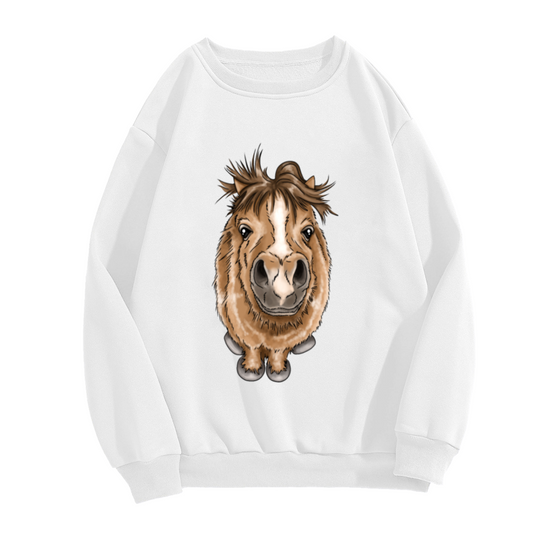 Goofy Big Head Pony Cartoon Crewneck Sweatshirt | Funny Fisheye Mini Horse Graphic Pullover, Horse Lover Gift