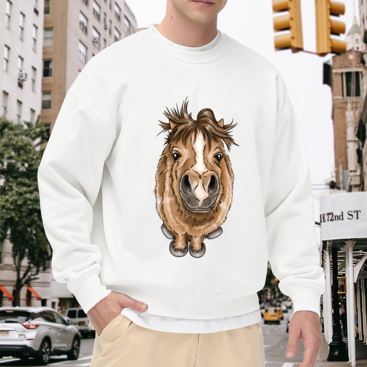 Goofy Big Head Pony Cartoon Crewneck Sweatshirt | Funny Fisheye Mini Horse Graphic Pullover, Horse Lover Gift