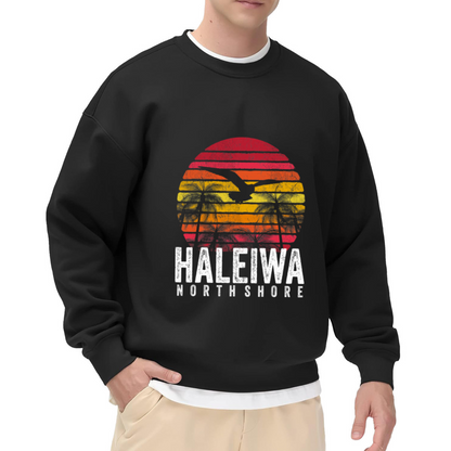 Vintage Haleiwa North Shore Sunset Graphic Crewneck Sweatshirt with Palm Trees and Seagull Design