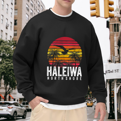 Vintage Haleiwa North Shore Sunset Graphic Crewneck Sweatshirt with Palm Trees and Seagull Design