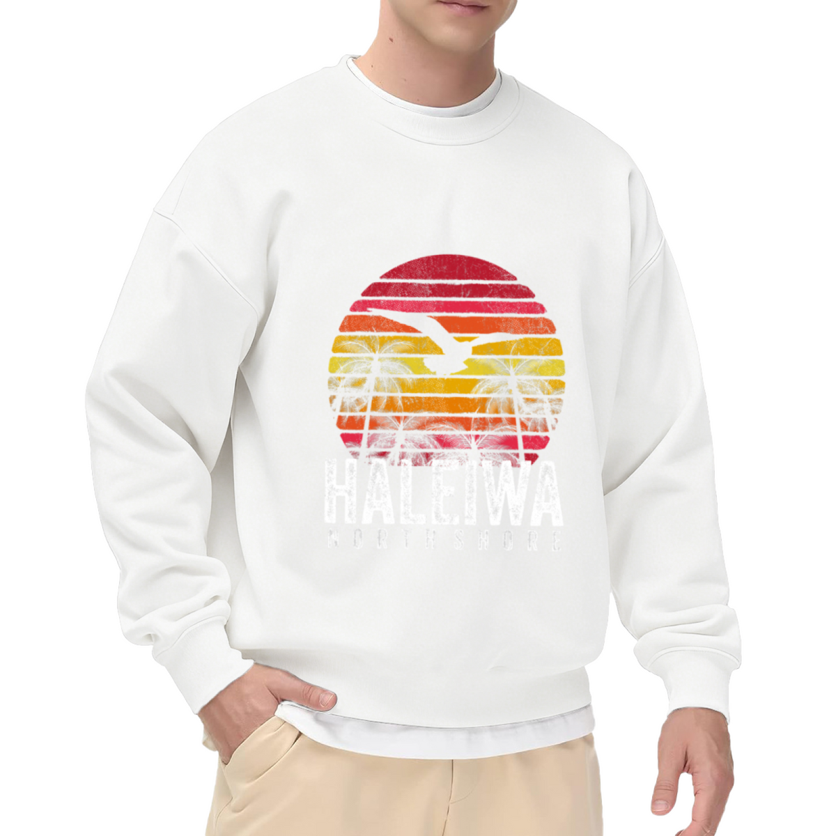 Vintage Haleiwa North Shore Sunset Graphic Crewneck Sweatshirt with Palm Trees and Seagull Design