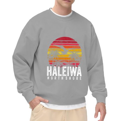 Vintage Haleiwa North Shore Sunset Graphic Crewneck Sweatshirt with Palm Trees and Seagull Design