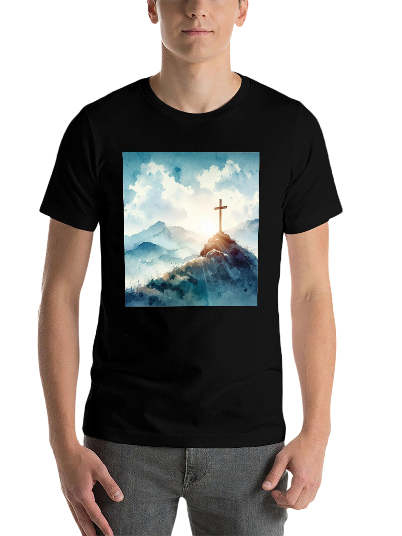 Watercolor Cross T-Shirt - Mountain Scene