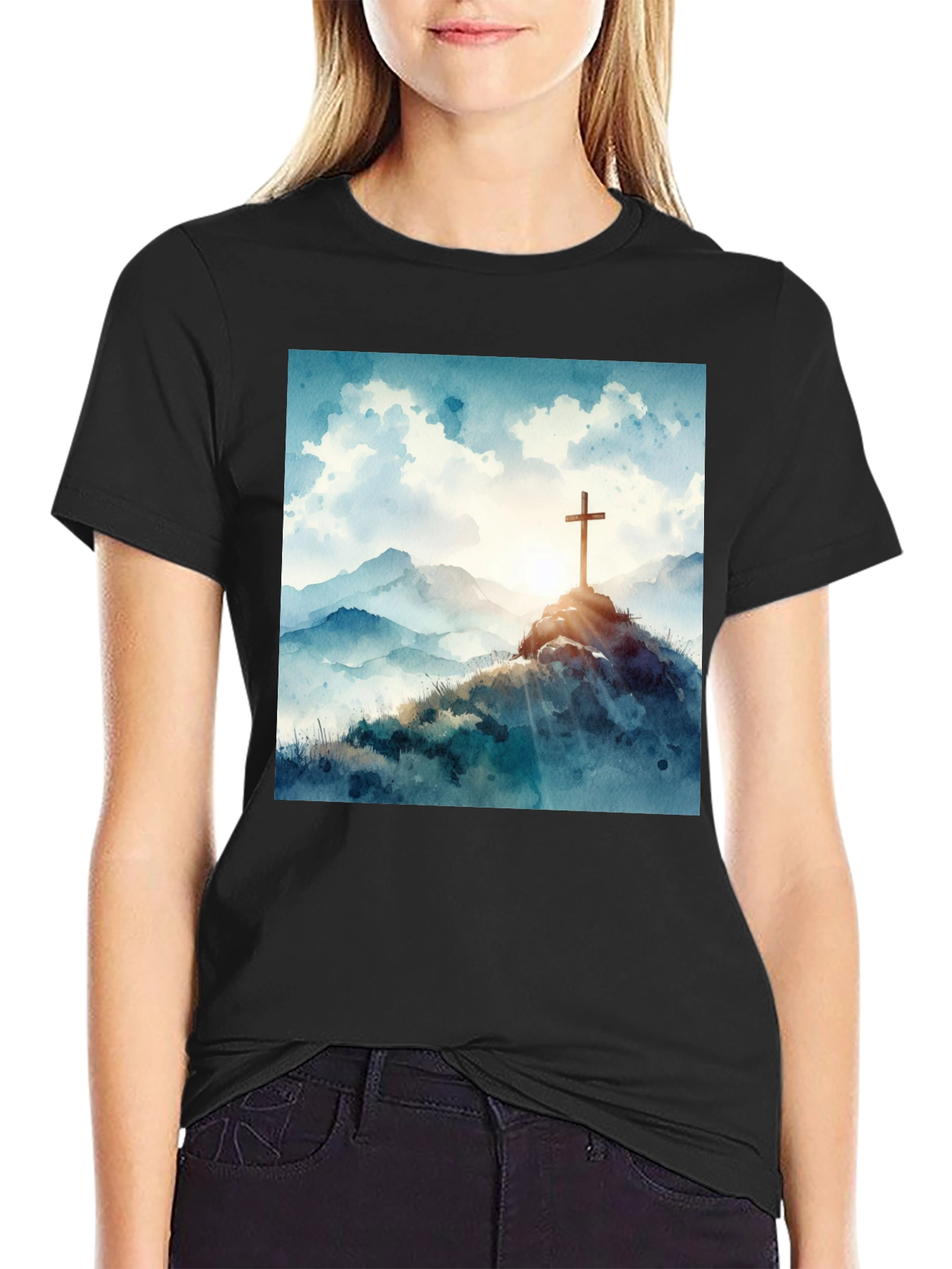 Watercolor Cross T-Shirt - Mountain Scene