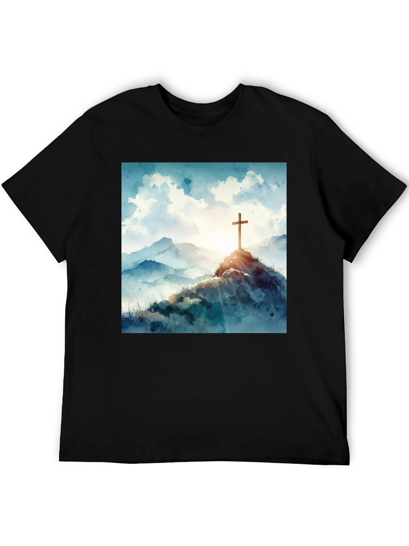 Watercolor Cross T-Shirt - Mountain Scene