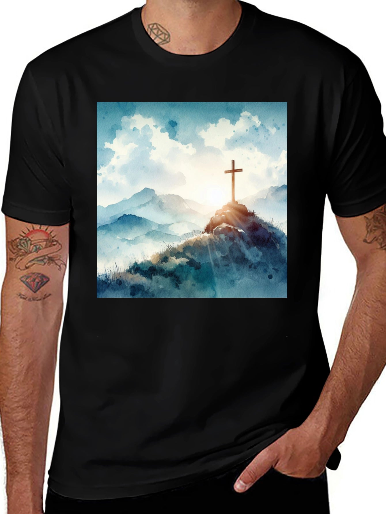 Watercolor Cross T-Shirt - Mountain Scene
