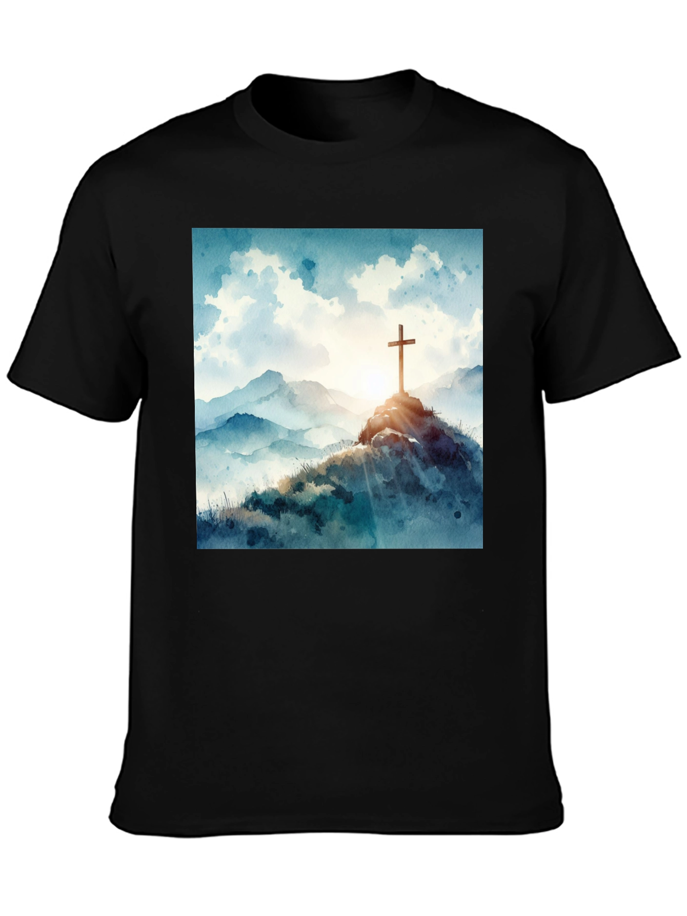 Watercolor Cross T-Shirt - Mountain Scene