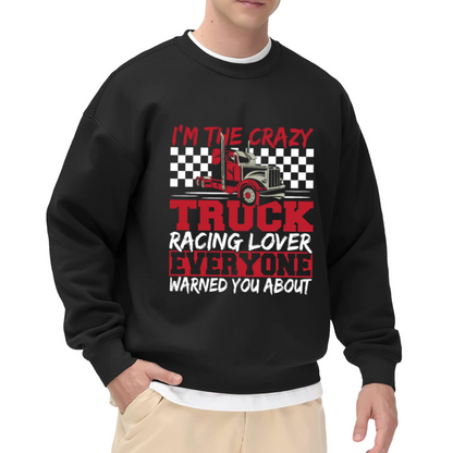 Crazy Truck Racing Lover Sweatshirt | Semi Truck Checkered Flag Graphic Crewneck, Vintage Racing Pullover Top, Trucker Gift for Men Women