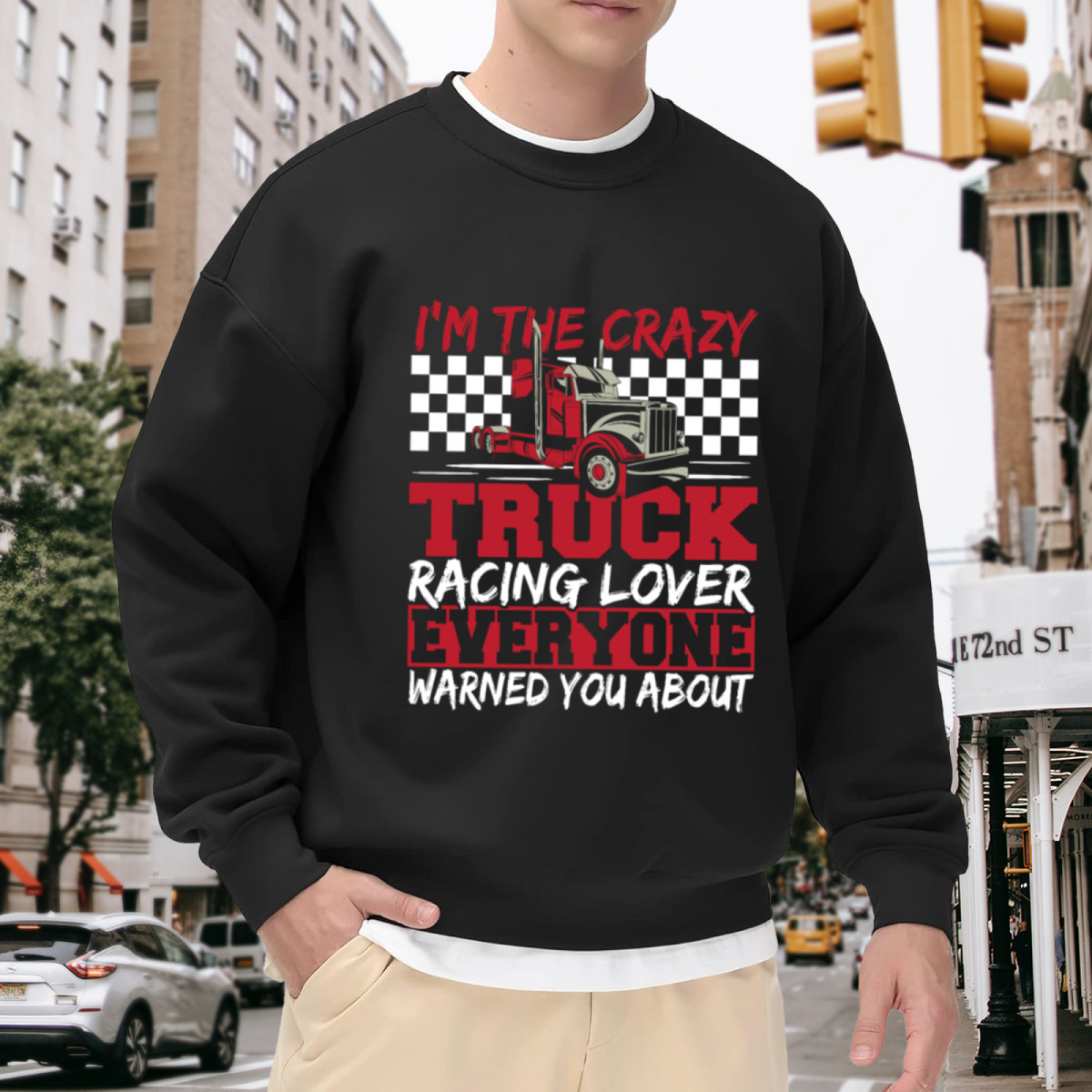 Crazy Truck Racing Lover Sweatshirt | Semi Truck Checkered Flag Graphic Crewneck, Vintage Racing Pullover Top, Trucker Gift for Men Women