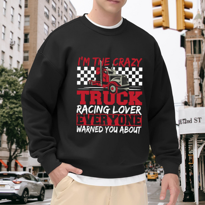 Crazy Truck Racing Lover Sweatshirt | Semi Truck Checkered Flag Graphic Crewneck, Vintage Racing Pullover Top, Trucker Gift for Men Women