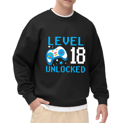 Level 18 Unlocked Pixel Crewneck Sweatshirt - 18th Birthday Gamer Gift, Retro 8-Bit Video Game Pullover
