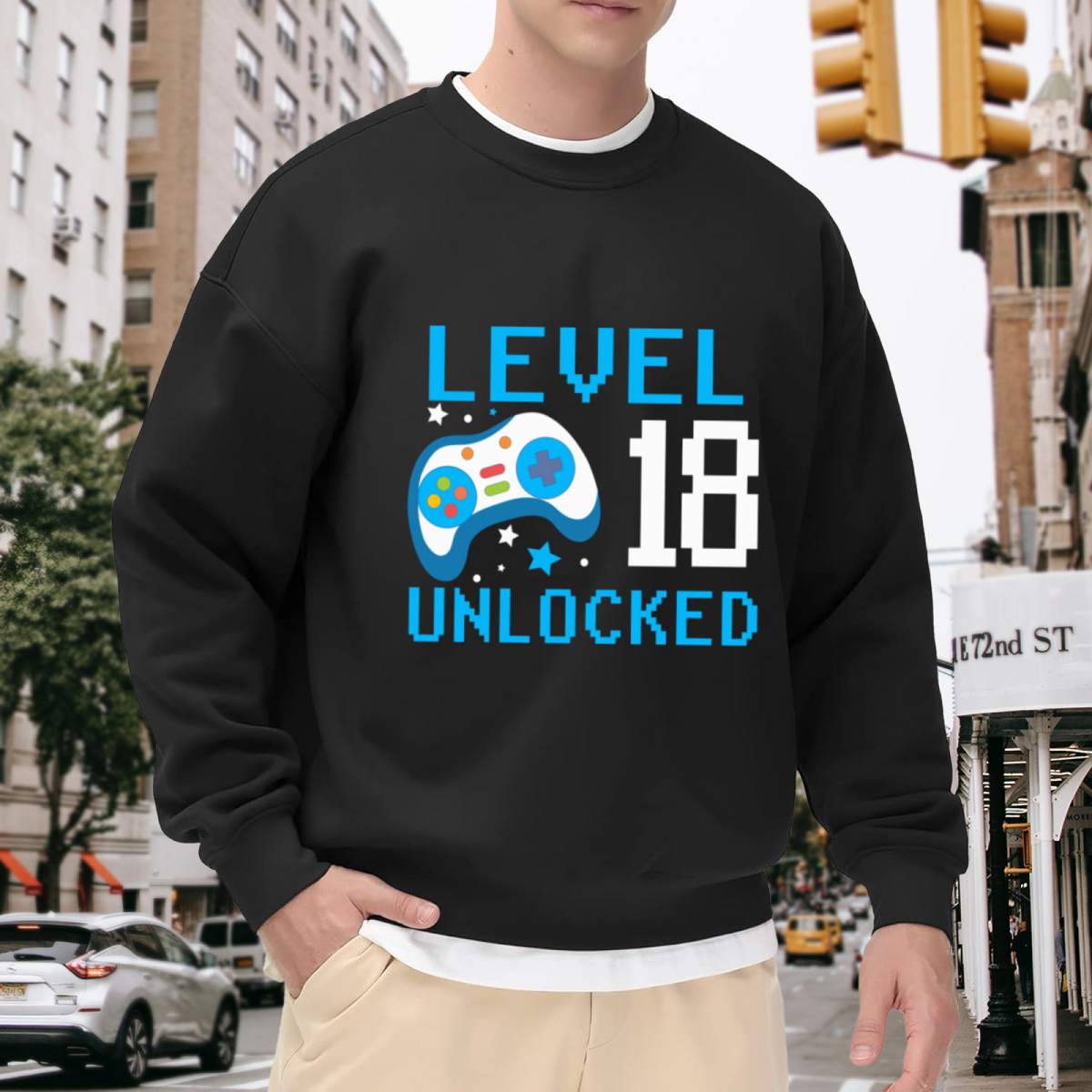 Level 18 Unlocked Pixel Crewneck Sweatshirt - 18th Birthday Gamer Gift, Retro 8-Bit Video Game Pullover