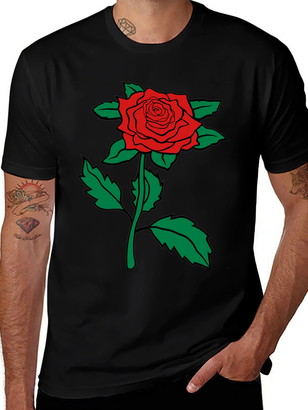 Red Rose Graphic Tee - Mens Black Cotton T-Shirt