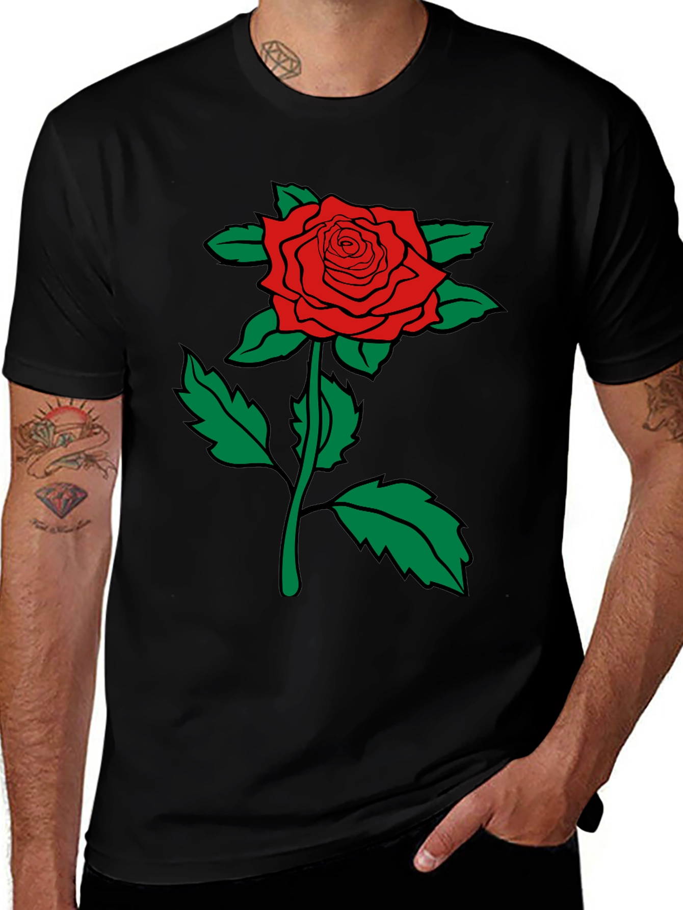 Red Rose Graphic Tee - Mens Black Cotton T-Shirt