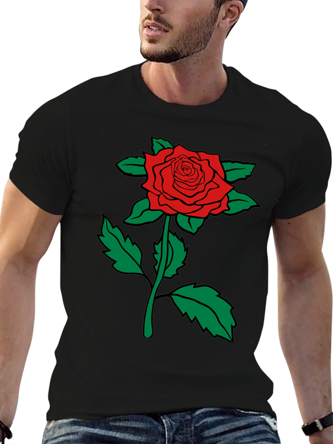 Red Rose Graphic Tee - Mens Black Cotton T-Shirt