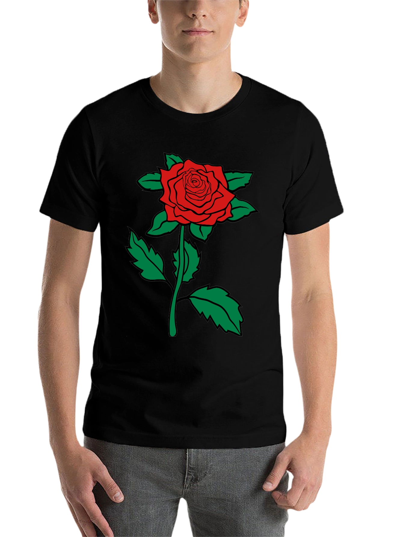 Red Rose Graphic Tee - Mens Black Cotton T-Shirt
