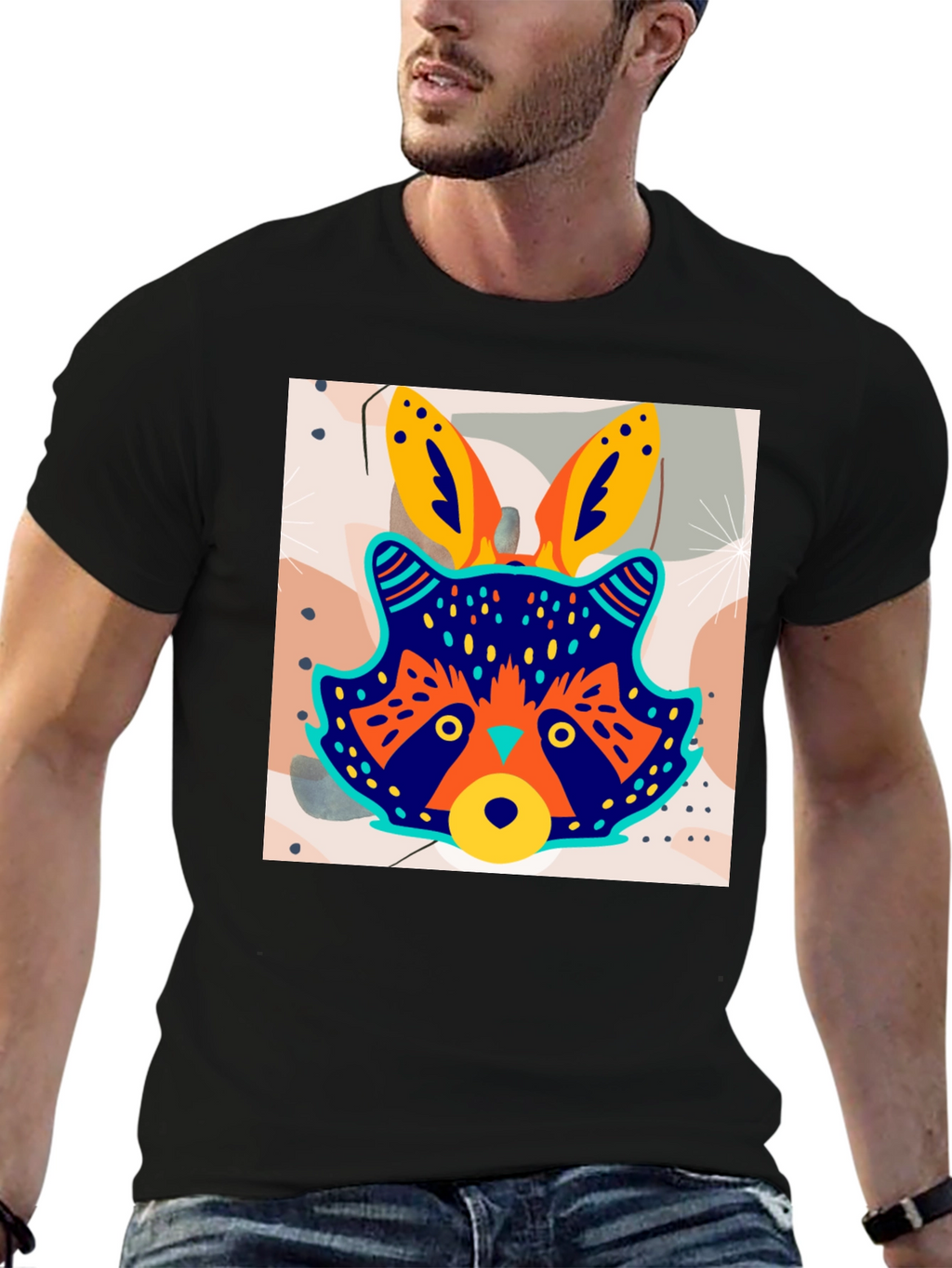 Funky Raccoon Graphic Tee - Stylish Mens Black T-Shirt