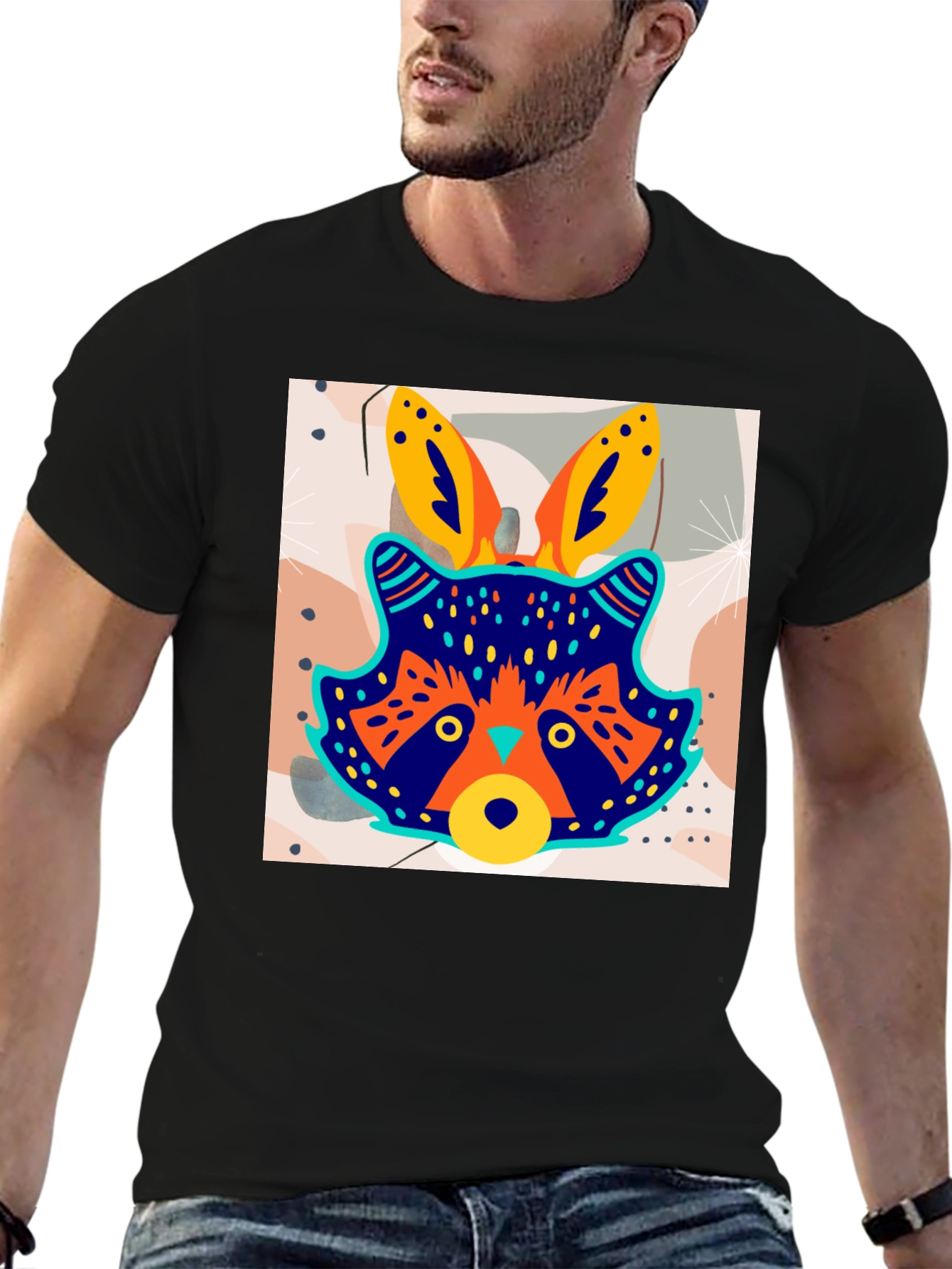 Funky Raccoon Graphic Tee - Stylish Mens Black T-Shirt