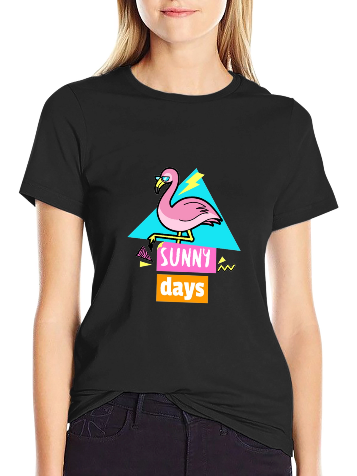 Sunny Days Flamingo Graphic T-Shirt - Black