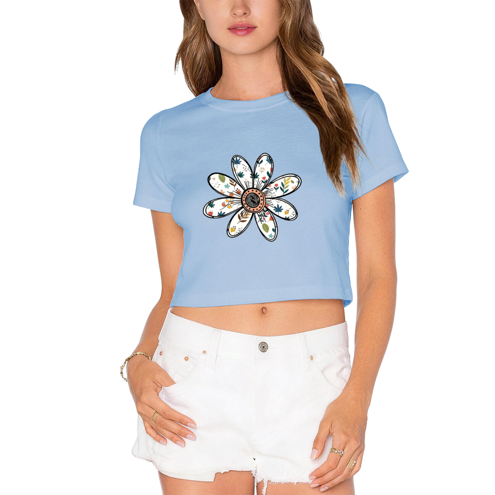 Hand-Drawn Boho Floral Daisy Soft Grey Crop Top