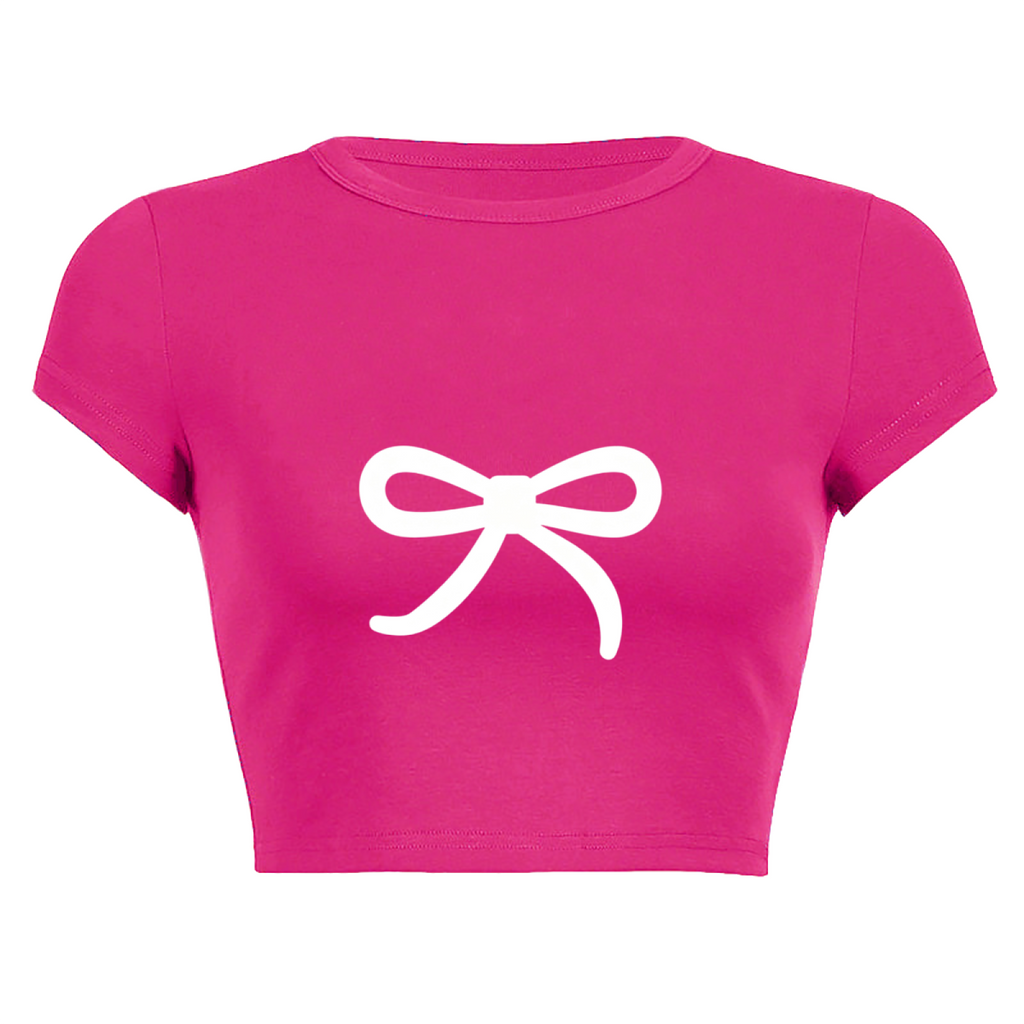 Minimal White Bow Hot Pink Coquette Crop Baby Tee