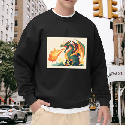 Fire Breathing Dragon Vintage Crewneck Sweatshirt, Mythical Beast Fantasy Pullover, Dragon Gift