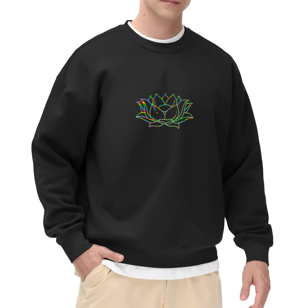Rainbow Lotus Flower Crewneck Sweatshirt, Minimalist Line Art Pullover, Spiritual Yoga Gift