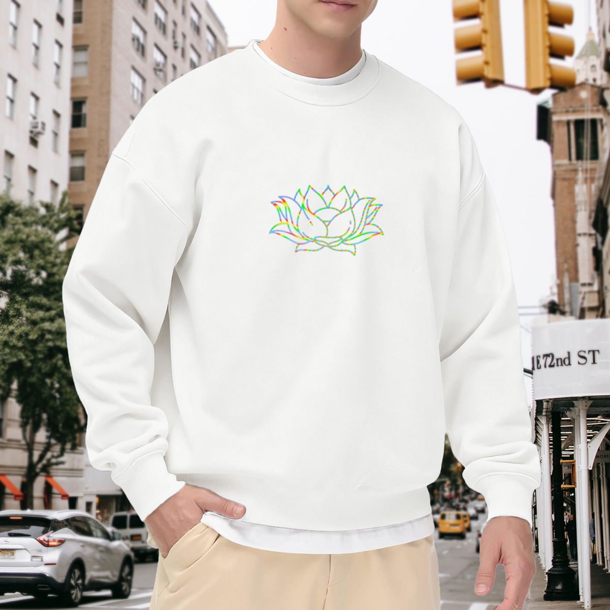 Rainbow Lotus Flower Crewneck Sweatshirt, Minimalist Line Art Pullover, Spiritual Yoga Gift