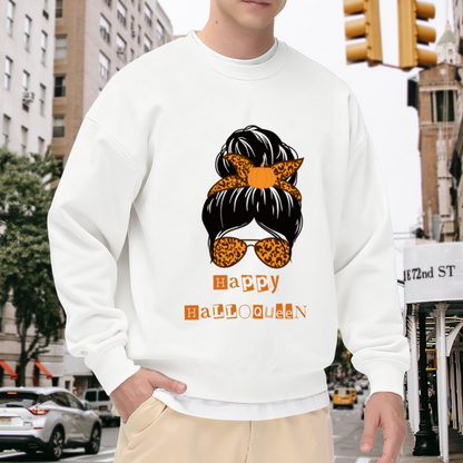 Halloween Queen Sweatshirt | Leopard Print Pumpkin Girl Graphic Crewneck, Spooky Cute Pullover Top, Halloween Gift for Women