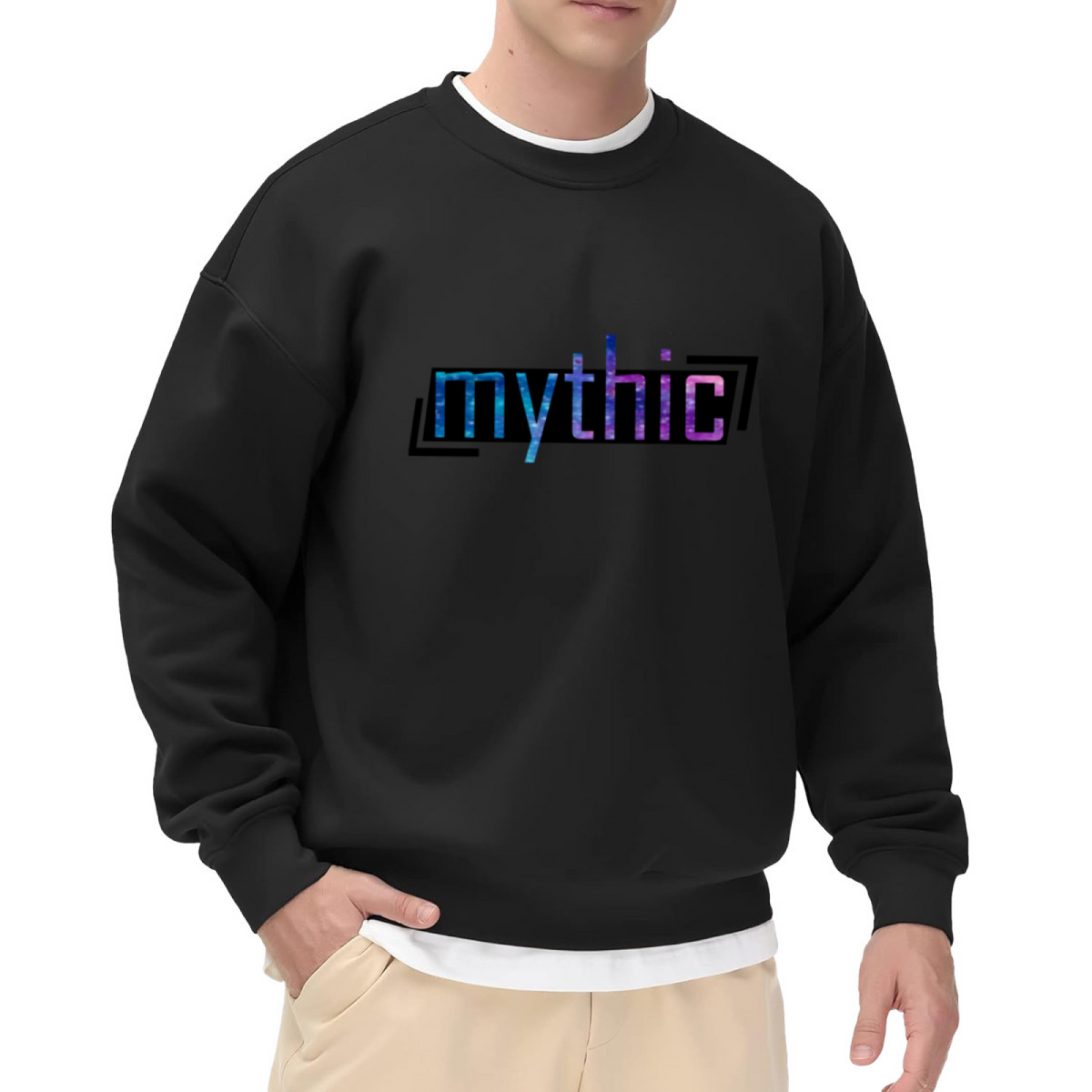 Mythic Text Graphic Crewneck Sweatshirt with Cosmic Gradient Lettering, Space Galaxy Typography Pullover, Celestial Aesthetic Casual Wear
