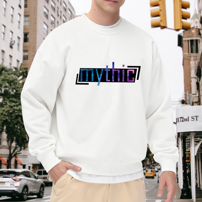 Mythic Text Graphic Crewneck Sweatshirt with Cosmic Gradient Lettering, Space Galaxy Typography Pullover, Celestial Aesthetic Casual Wear