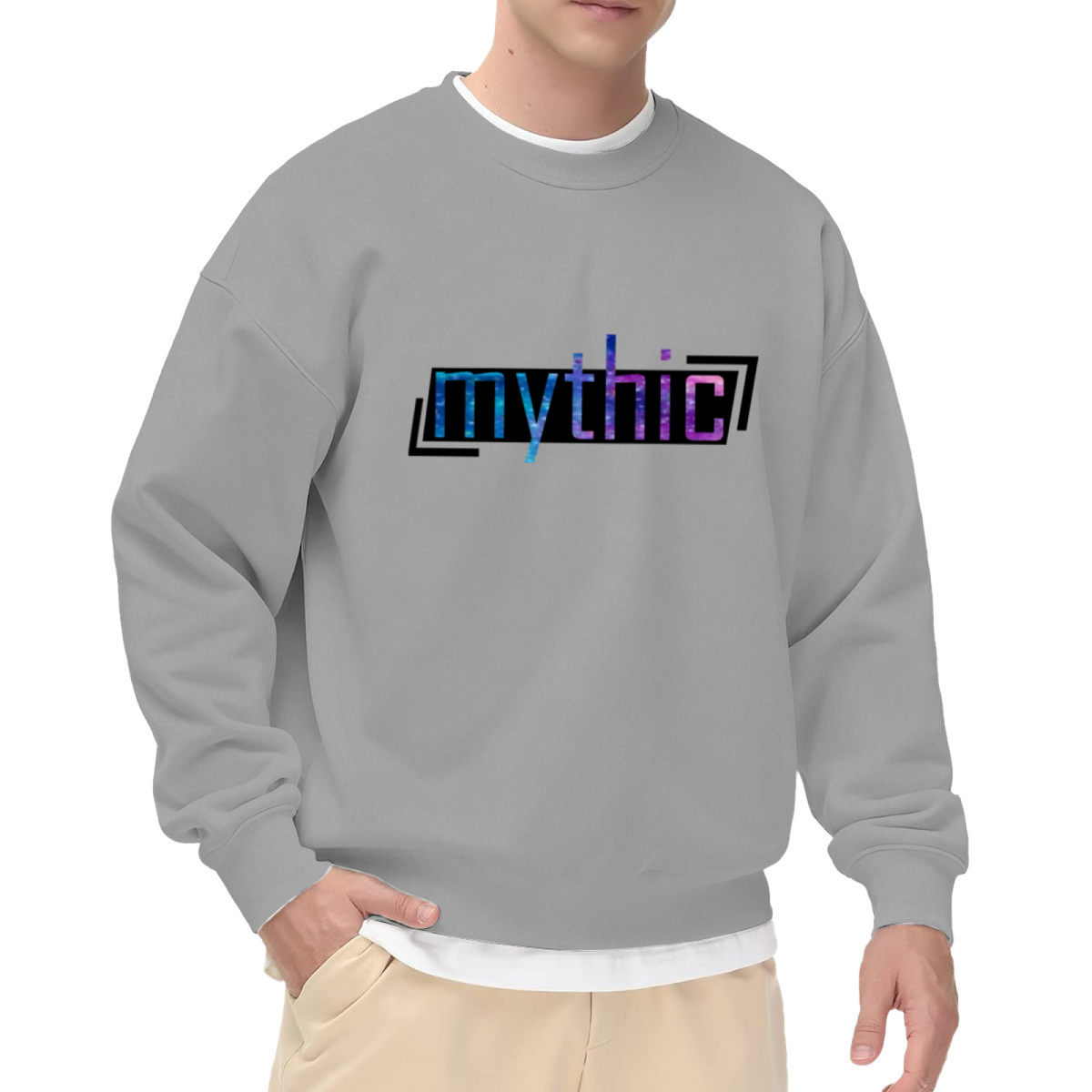 Mythic Text Graphic Crewneck Sweatshirt with Cosmic Gradient Lettering, Space Galaxy Typography Pullover, Celestial Aesthetic Casual Wear