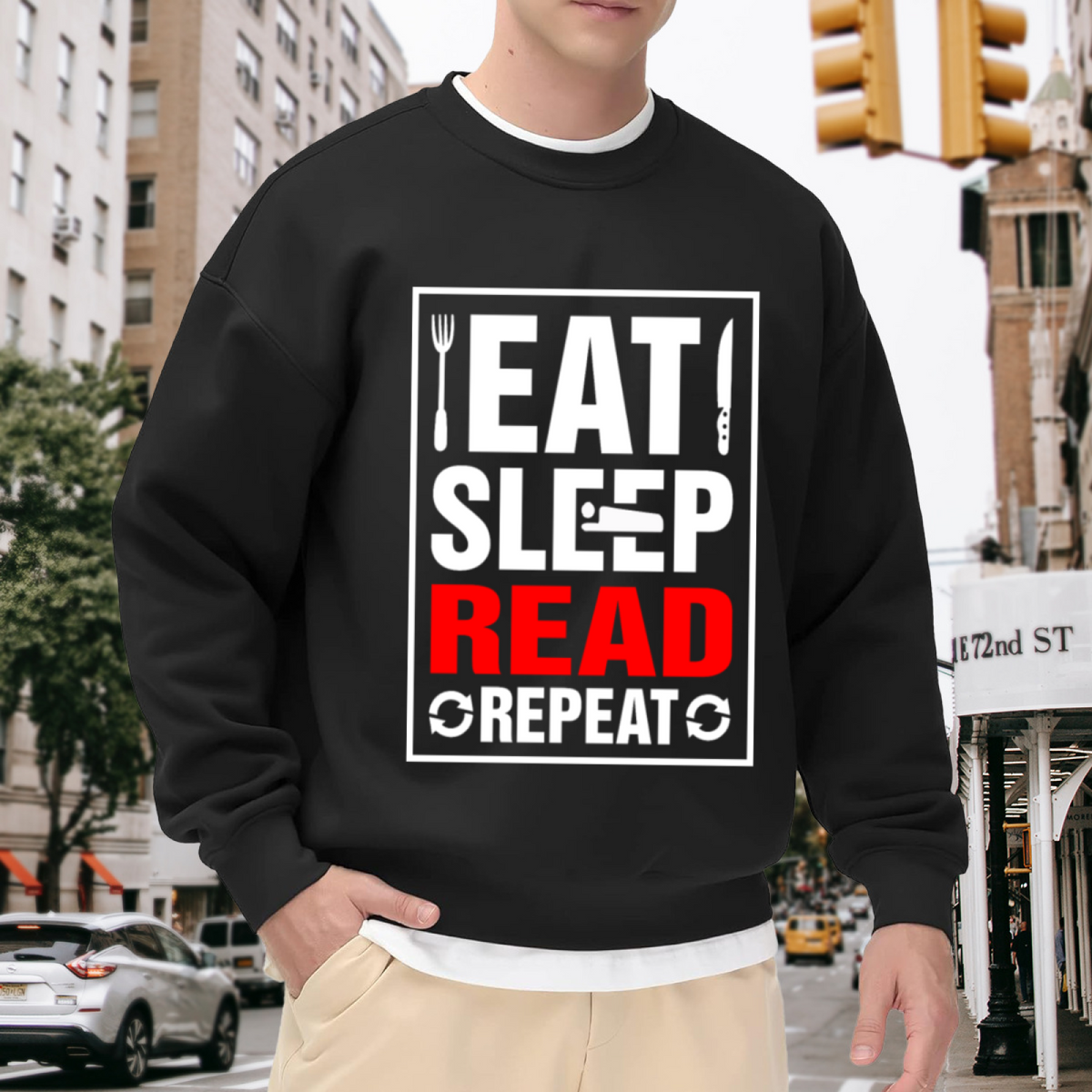 Eat Sleep Read Repeat Crewneck Sweatshirt - Bookworm Cycle Graphic Pullover, Reader Gift, Library Lover Top
