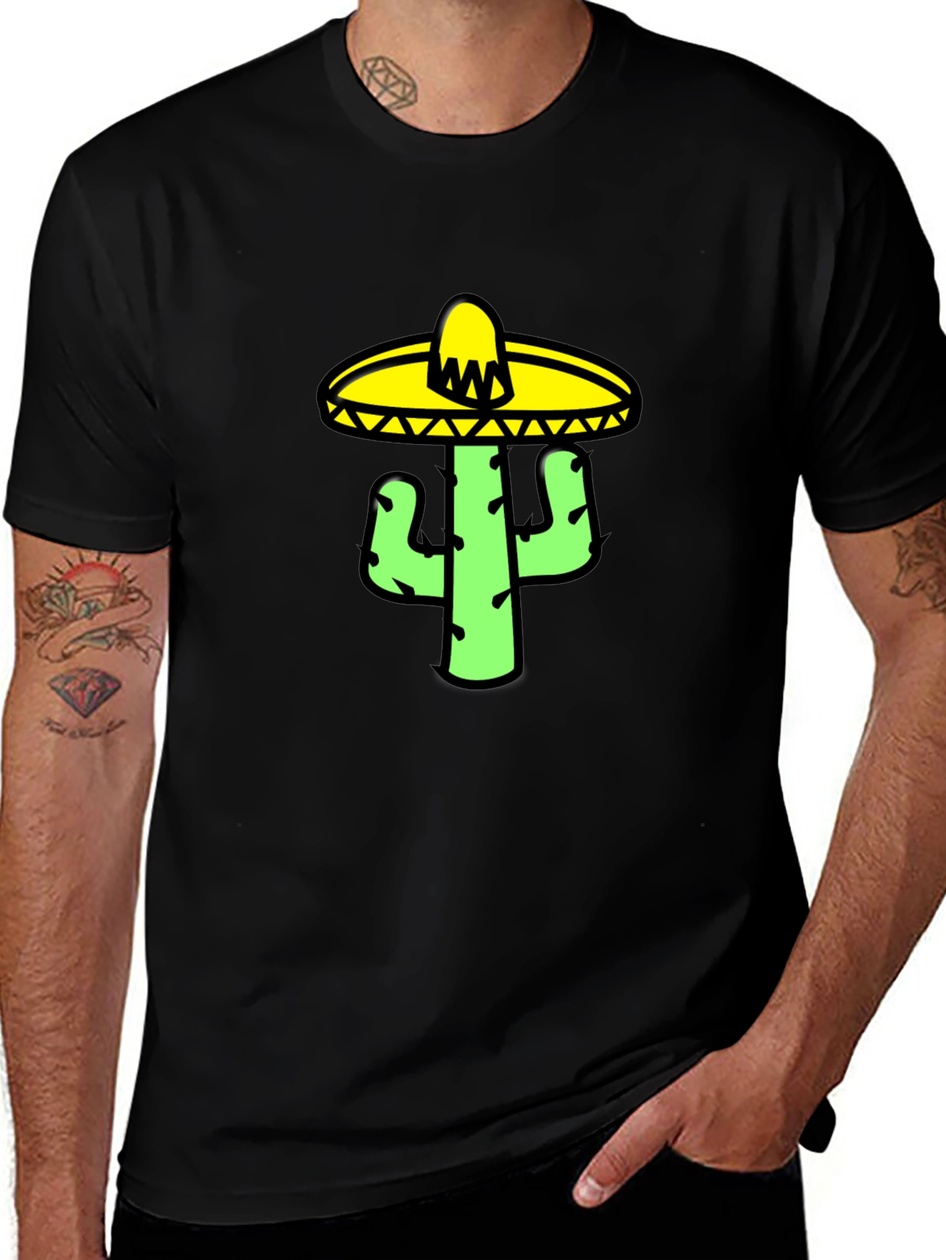 Cactus Sombrero Graphic Tee - Black Cotton T-Shirt