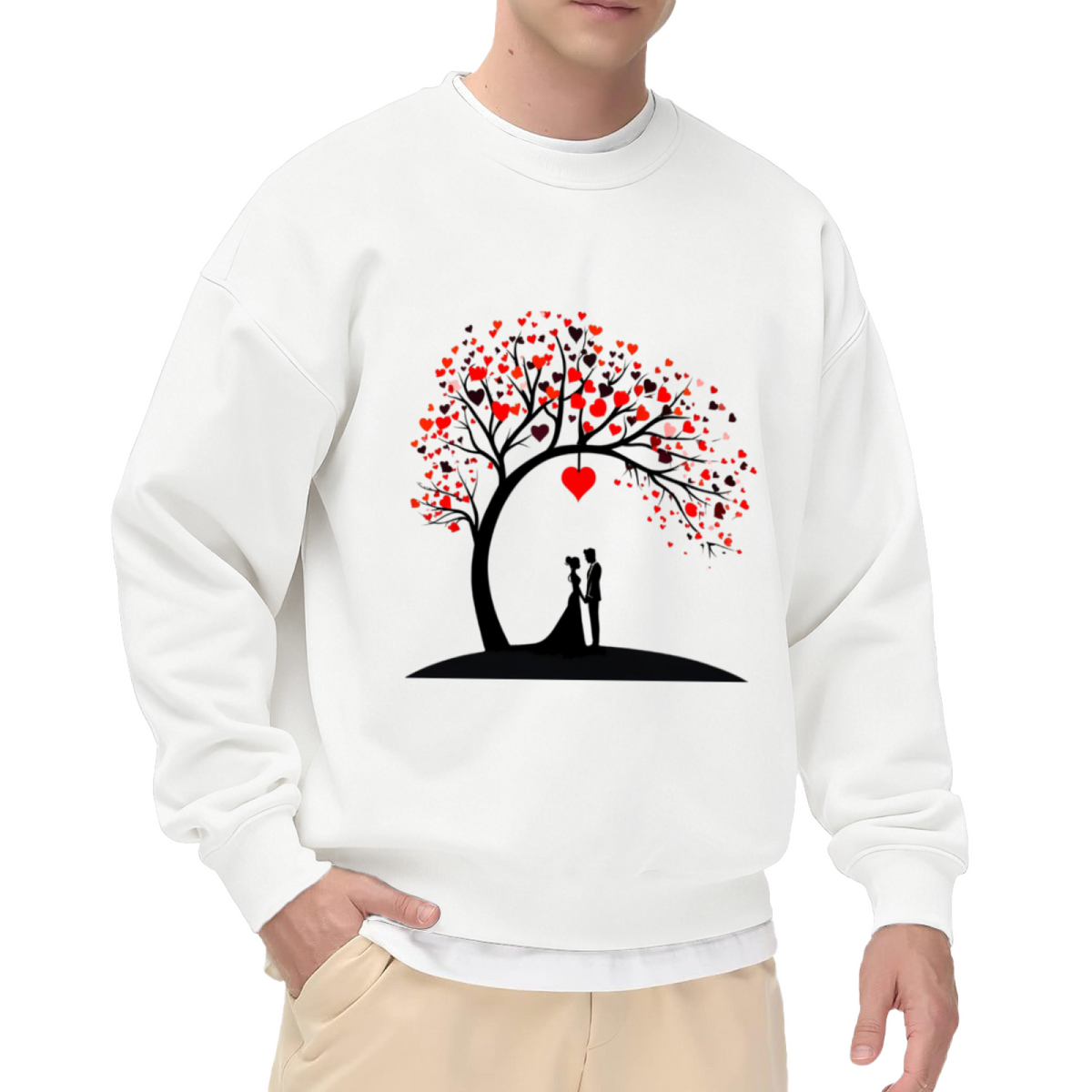 Heart Tree Wedding Couple Silhouette Crewneck Sweatshirt | Romantic Bride and Groom Anniversary Graphic Pullover, Valentine's Day Gift