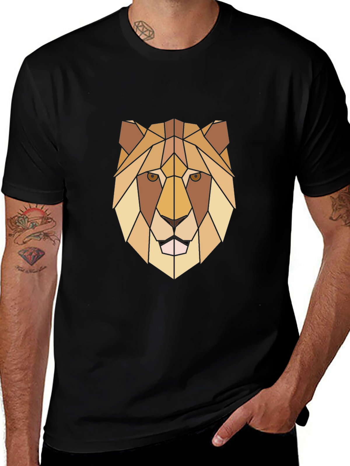 Geometric Lion Graphic Print Black T-Shirt