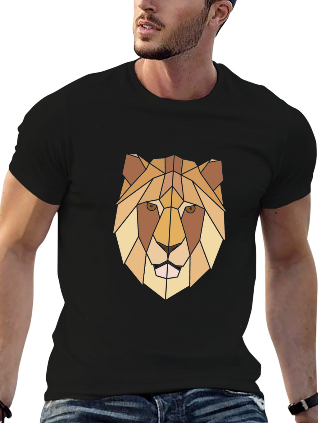 Geometric Lion Graphic Print Black T-Shirt