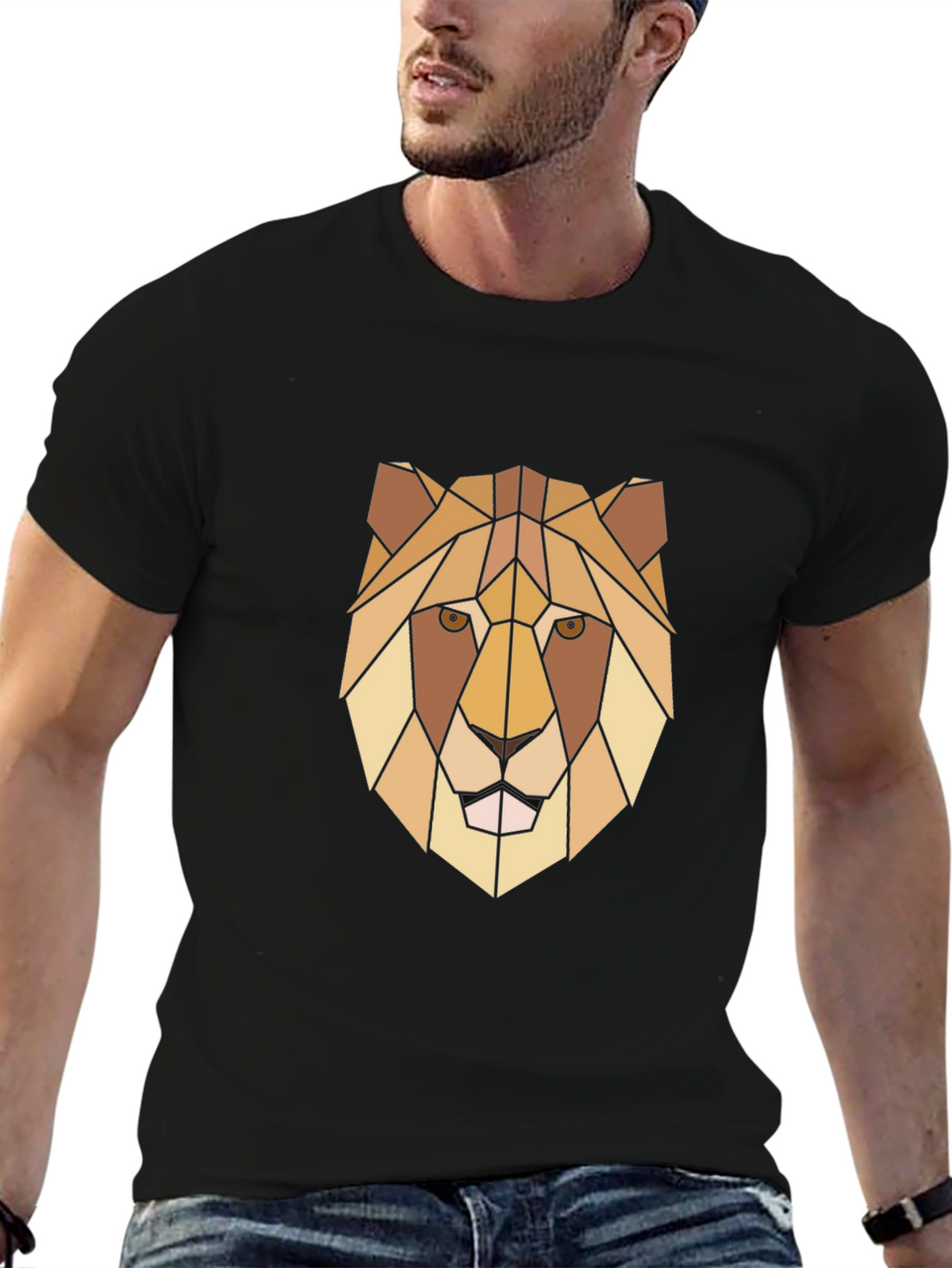 Geometric Lion Graphic Print Black T-Shirt