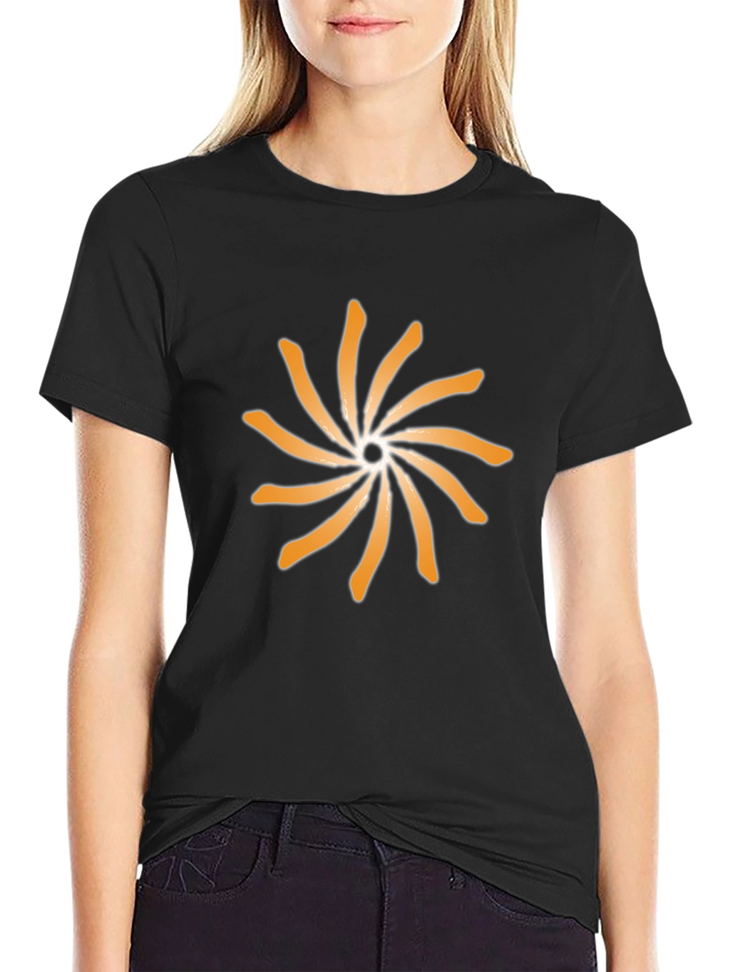 Black T-Shirt with Abstract Orange Sun Design