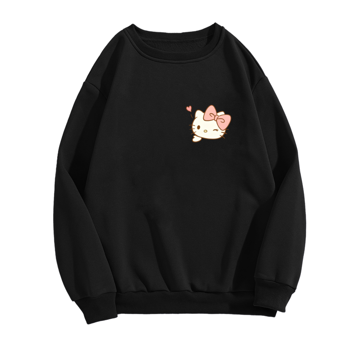 Small Chest Print Wink Hello Kitty Stylish Crewneck Sweatshirt