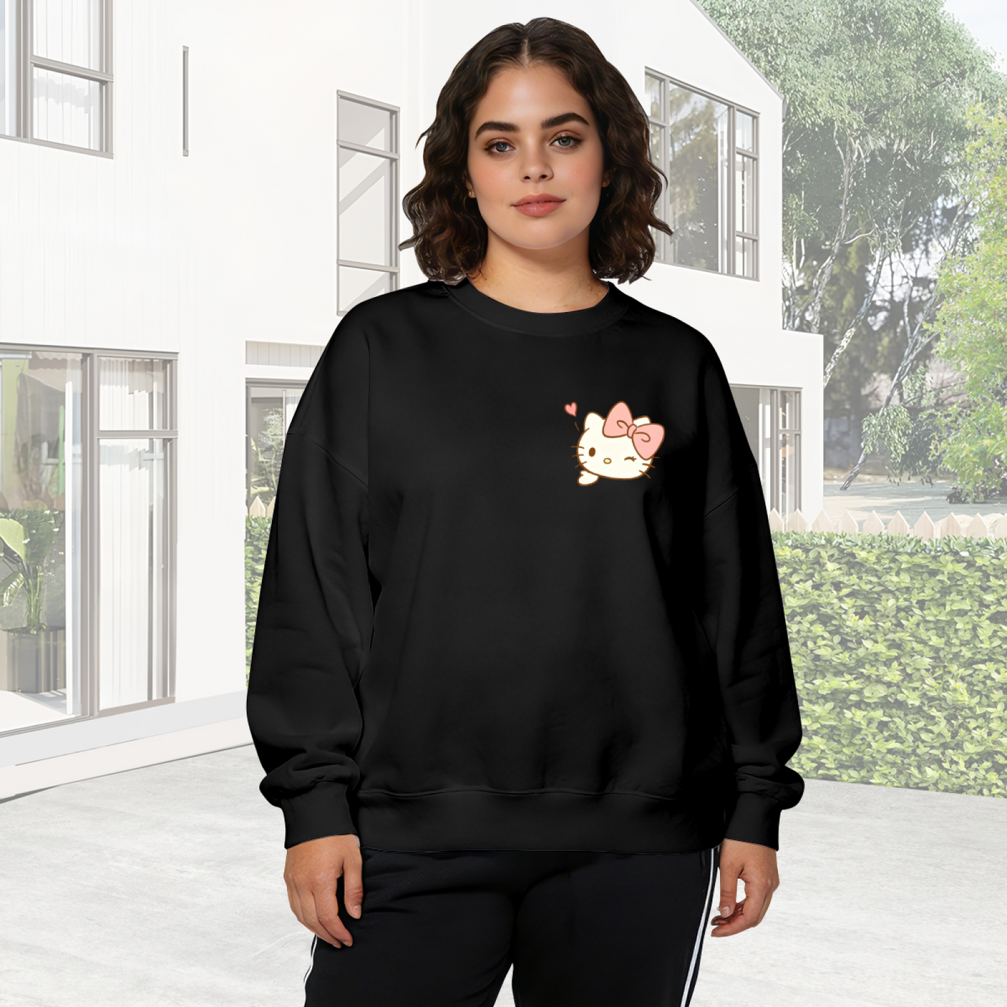 Small Chest Print Wink Hello Kitty Stylish Crewneck Sweatshirt