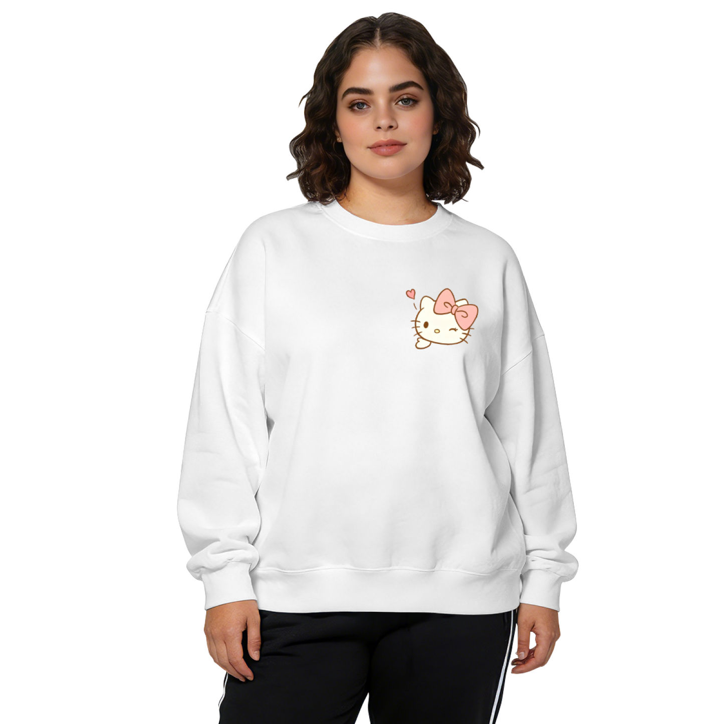 Small Chest Print Wink Hello Kitty Stylish Crewneck Sweatshirt