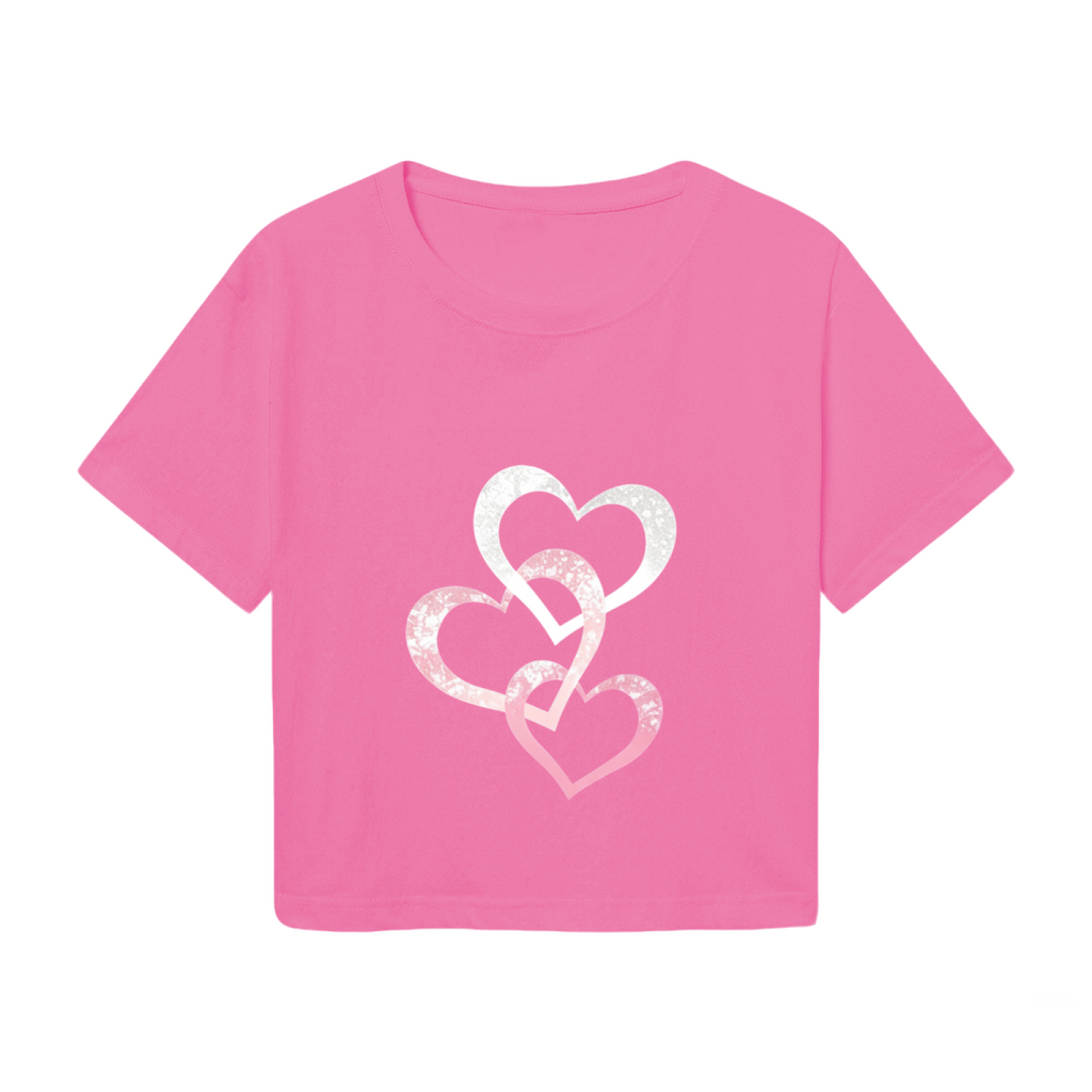 Triple Glitter Intertwined Hearts Pink Coquette Crop Tee
