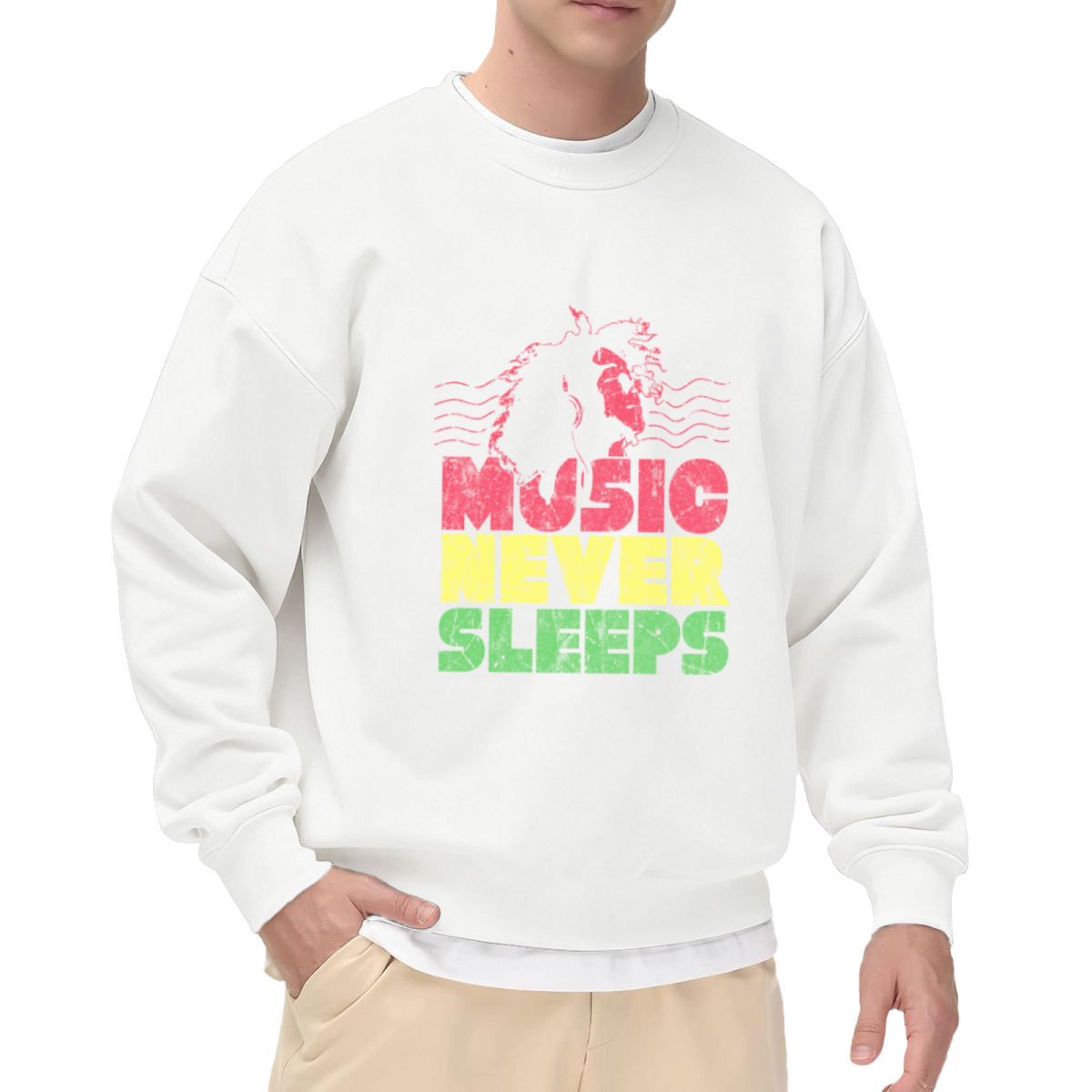 Music Never Sleeps Crewneck Sweatshirt - Headphones Night Owl Graphic Pullover, Music Lover Gift, DJ Streetwear Top