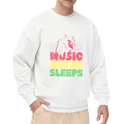 Music Never Sleeps Crewneck Sweatshirt - Headphones Night Owl Graphic Pullover, Music Lover Gift, DJ Streetwear Top