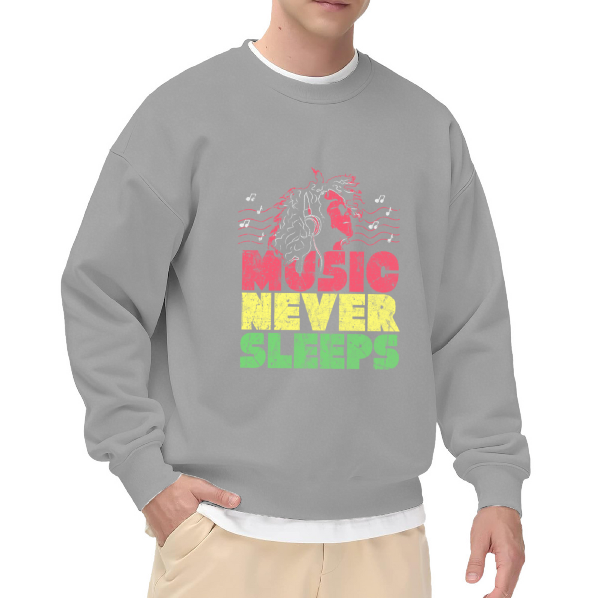 Music Never Sleeps Crewneck Sweatshirt - Headphones Night Owl Graphic Pullover, Music Lover Gift, DJ Streetwear Top