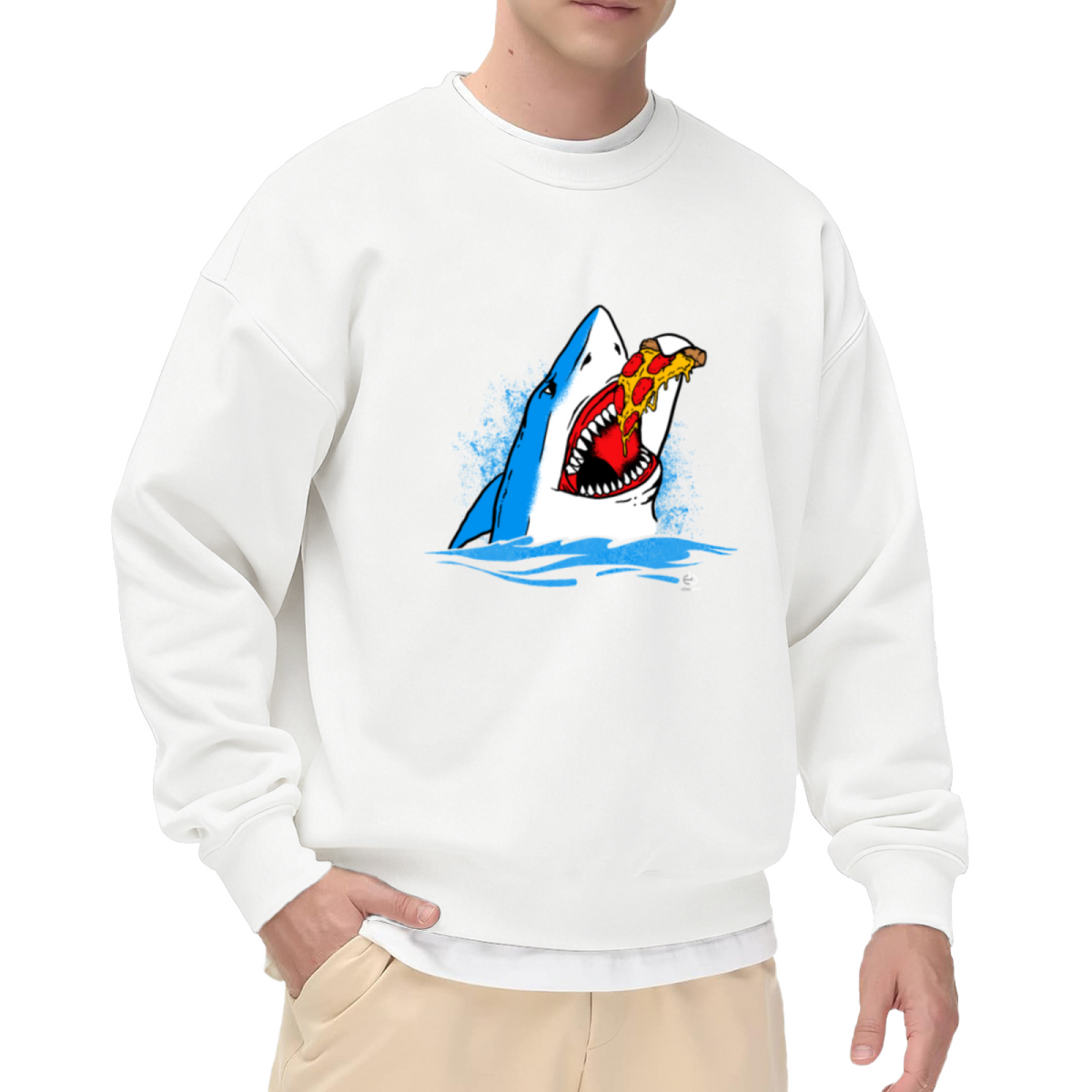 Shark Eating Pizza Sweatshirt | Funny Cartoon Shark Graphic Crewneck, Quirky Foodie Pullover Top, Humor Gift for Pizza Lovers Men Women