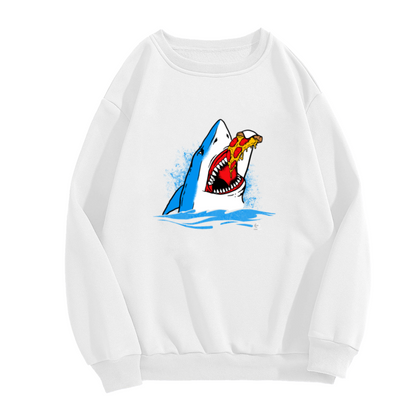 Shark Eating Pizza Sweatshirt | Funny Cartoon Shark Graphic Crewneck, Quirky Foodie Pullover Top, Humor Gift for Pizza Lovers Men Women