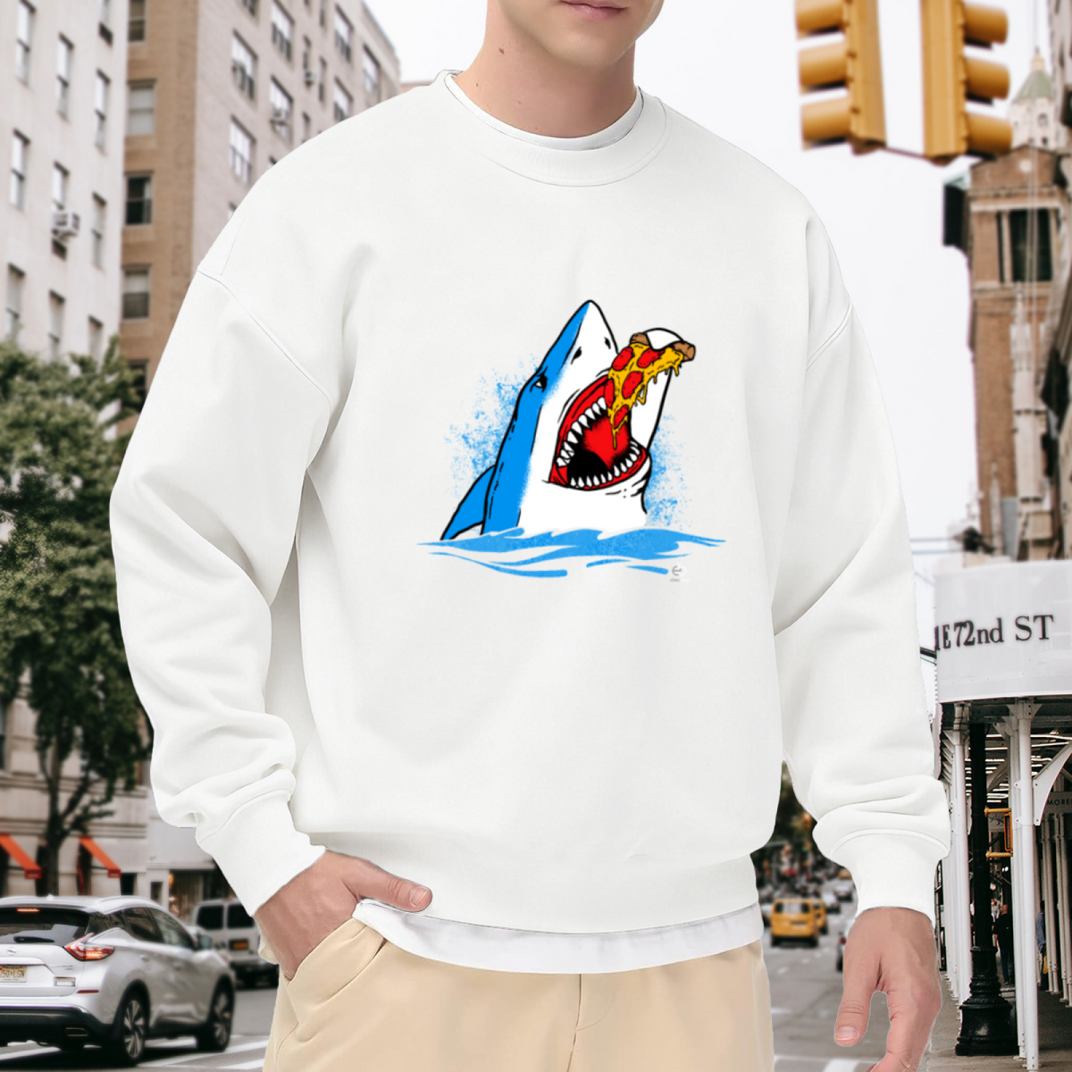 Shark Eating Pizza Sweatshirt | Funny Cartoon Shark Graphic Crewneck, Quirky Foodie Pullover Top, Humor Gift for Pizza Lovers Men Women